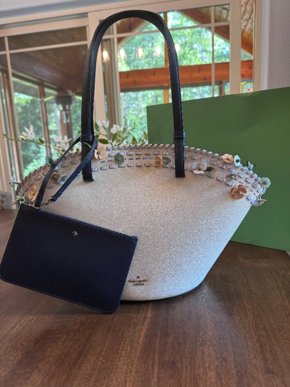 Kate Spade Dahlia Large Floral Leather Tote with Pouch Wristlet